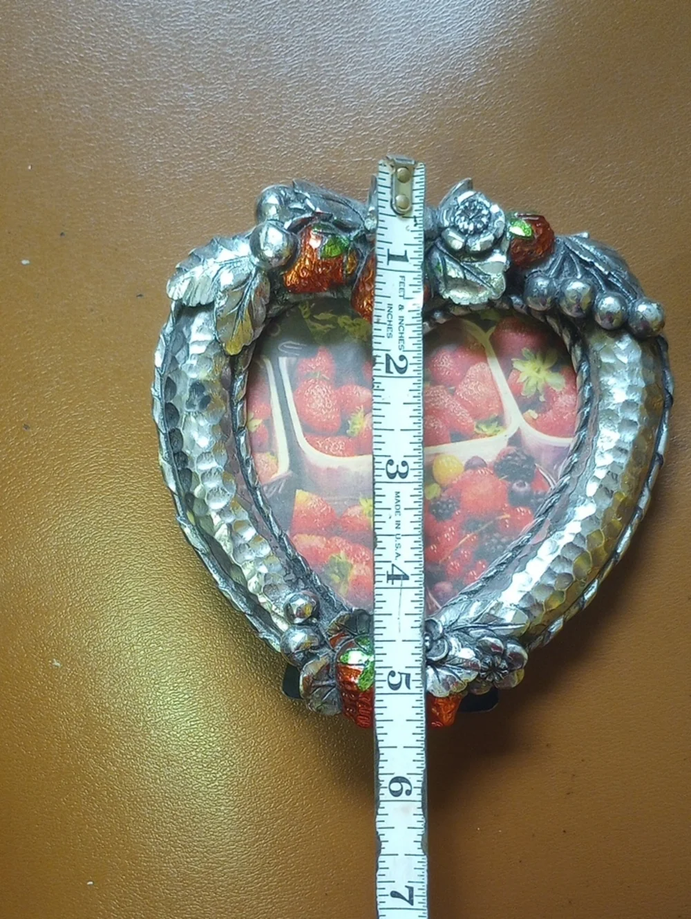 Heart-Shaped Silver Metal Vtg Tabletop Picture Frame w/ Strawberries & Flowers